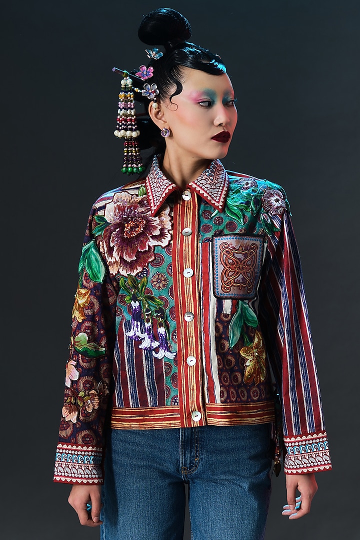 Multi-Colored Cotton Poplin Printed & Embroidered Jacket by Rajdeep Ranawat at Pernia's Pop Up Shop