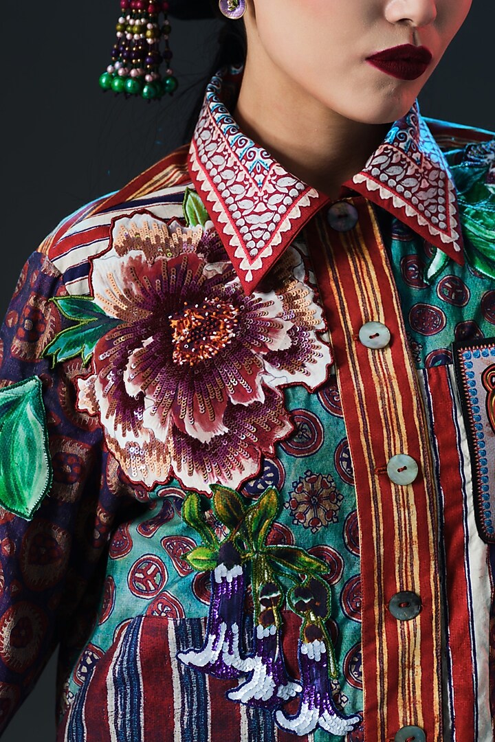 Multi-Colored Cotton Poplin Printed & Embroidered Jacket by Rajdeep Ranawat at Pernia's Pop Up Shop