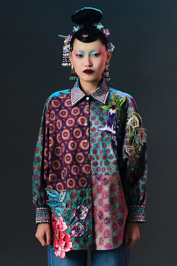 Multi-Colored Cotton Poplin Printed & Embroidered Shirt by Rajdeep Ranawat at Pernia's Pop Up Shop