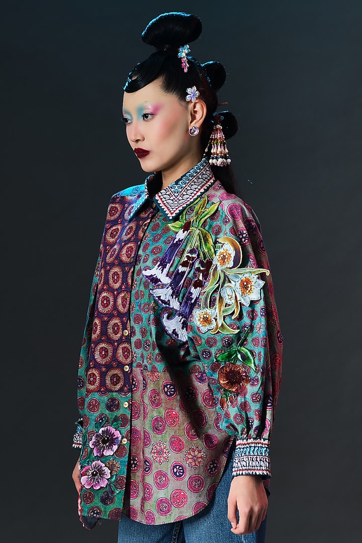 Multi-Colored Cotton Poplin Printed & Embroidered Shirt by Rajdeep Ranawat at Pernia's Pop Up Shop