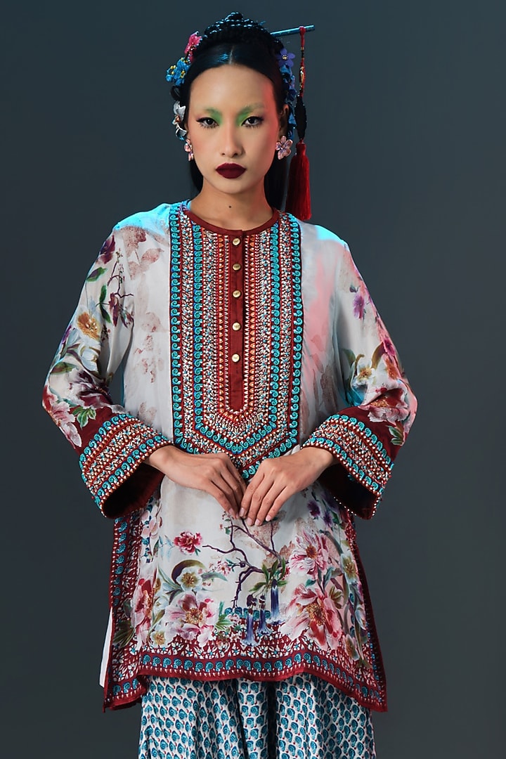 Beige Silk Printed & Embroidered Kurta by Rajdeep Ranawat at Pernia's Pop Up Shop