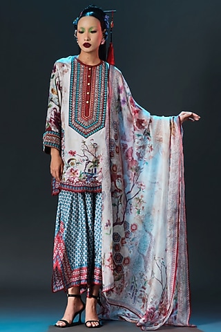Beige Modal Satin Printed Skirt by Rajdeep Ranawat