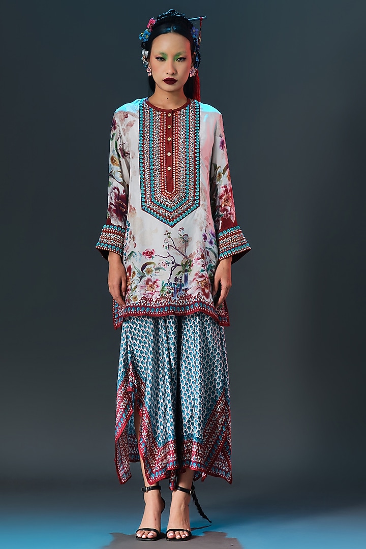 Beige Modal Satin Printed Skirt by Rajdeep Ranawat at Pernia's Pop Up Shop