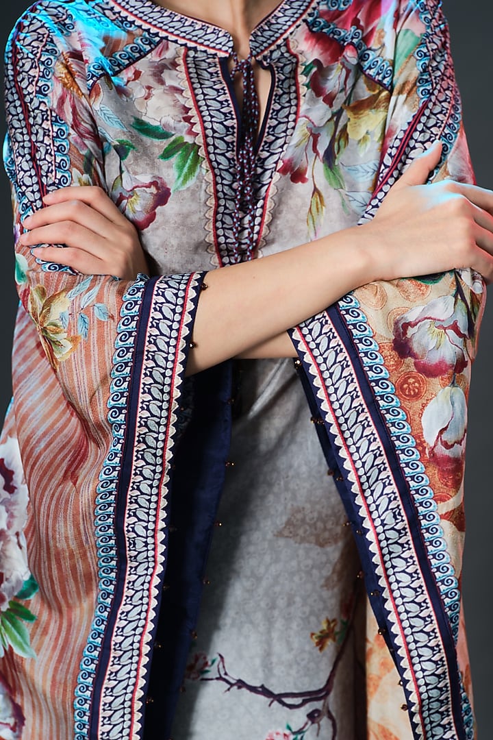 Beige Silk Printed Poncho Kaftan Tunic by Rajdeep Ranawat at Pernia's Pop Up Shop