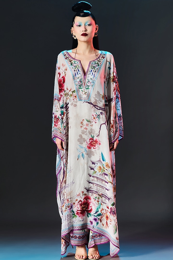 Beige Silk Printed Kaftan by Rajdeep Ranawat at Pernia's Pop Up Shop