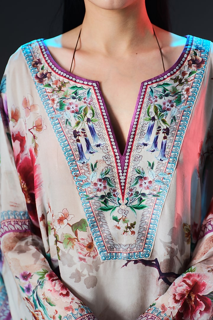 Beige Silk Printed Kaftan by Rajdeep Ranawat at Pernia's Pop Up Shop