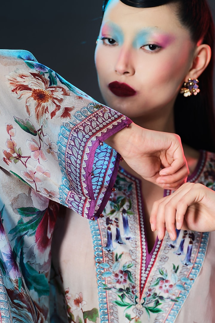 Beige Silk Printed Kaftan by Rajdeep Ranawat at Pernia's Pop Up Shop