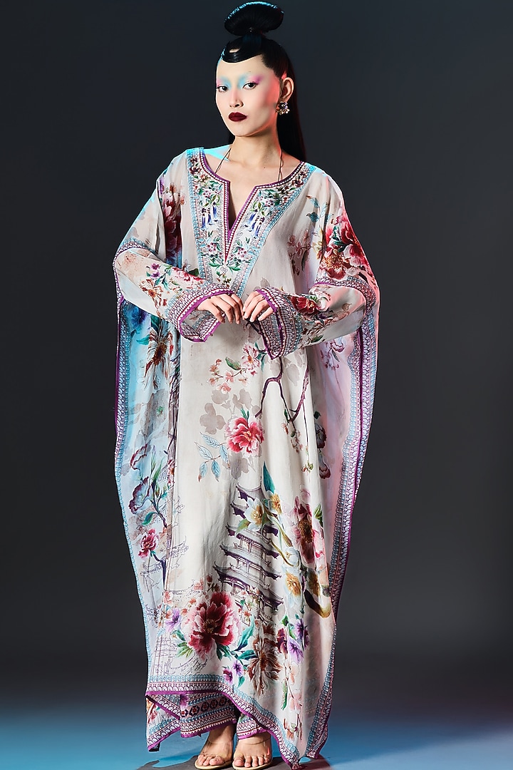 Beige Modal Satin Printed Pants by Rajdeep Ranawat at Pernia's Pop Up Shop