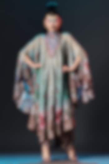 Beige & Sage Green Silk Embroidered Vacation Dress by Rajdeep Ranawat at Pernia's Pop Up Shop