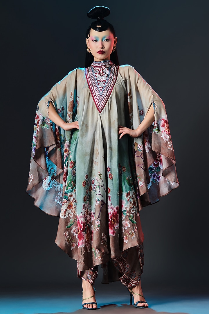 Beige & Sage Green Silk Embroidered Vacation Dress by Rajdeep Ranawat at Pernia's Pop Up Shop