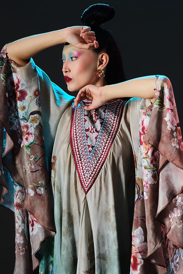 Beige & Sage Green Silk Embroidered Vacation Dress by Rajdeep Ranawat at Pernia's Pop Up Shop