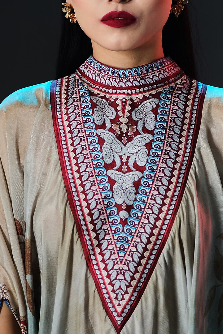 Beige & Sage Green Silk Embroidered Vacation Dress by Rajdeep Ranawat at Pernia's Pop Up Shop