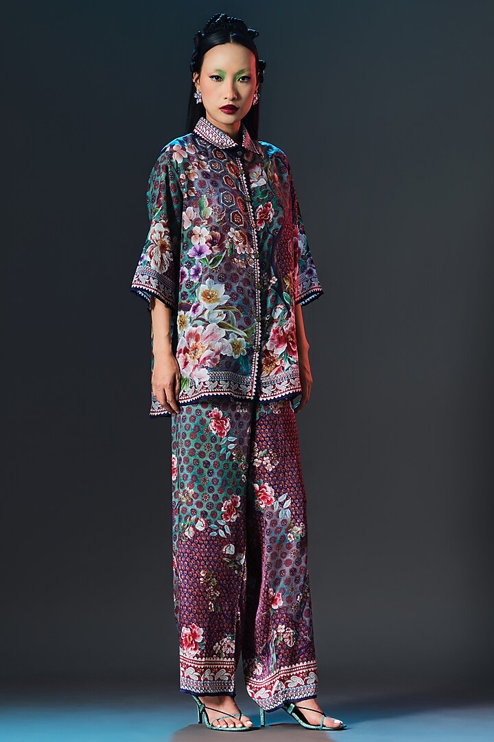 Multi-Colored Silk Printed Cropped Shirt Top by Rajdeep Ranawat at Pernia's Pop Up Shop