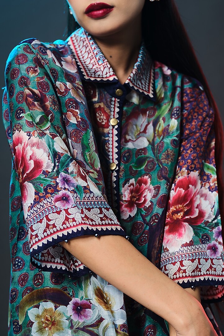 Multi-Colored Silk Printed Cropped Shirt Top by Rajdeep Ranawat at Pernia's Pop Up Shop