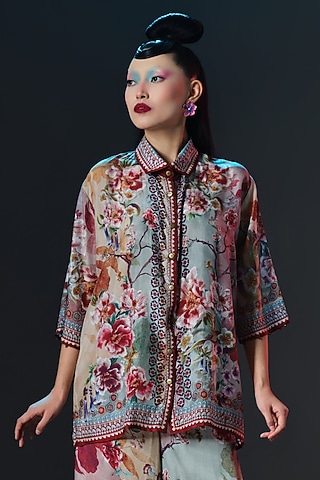 Beige & Sage Green Silk Printed Cropped Shirt Top by Rajdeep Ranawat