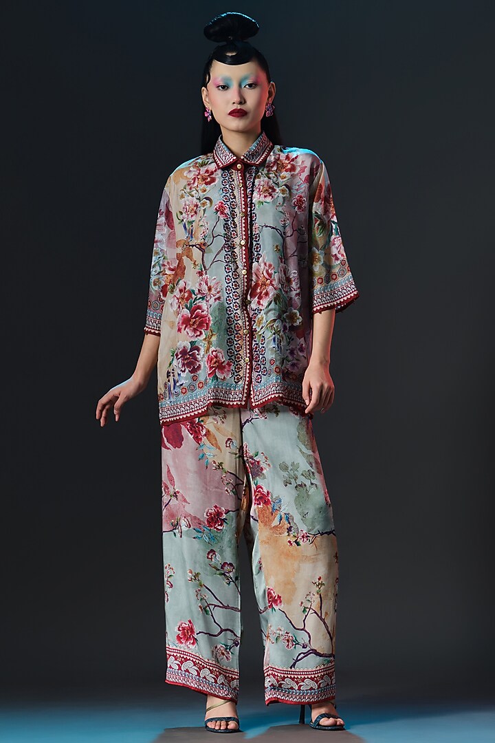 Beige & Sage Green Silk Printed Cropped Shirt Top by Rajdeep Ranawat at Pernia's Pop Up Shop