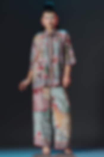 Beige & Sage Green Modal Satin Printed Pants by Rajdeep Ranawat at Pernia's Pop Up Shop