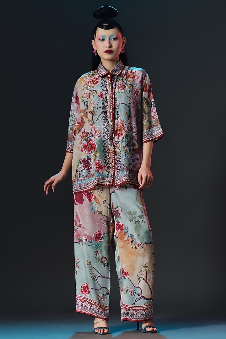 Beige & Sage Green Modal Satin Printed Pants by Rajdeep Ranawat at Pernia's Pop Up Shop