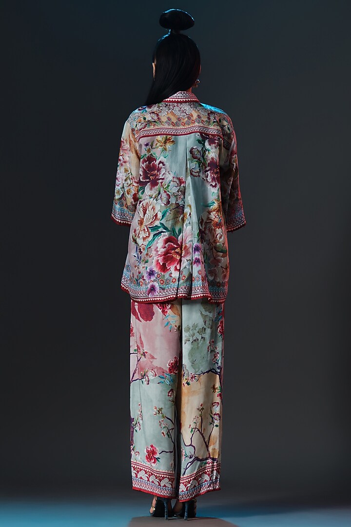 Beige & Sage Green Modal Satin Printed Pants by Rajdeep Ranawat at Pernia's Pop Up Shop