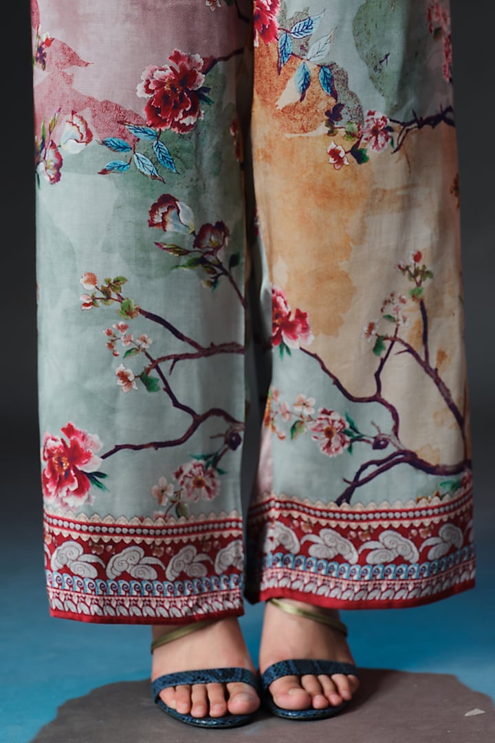 Beige & Sage Green Modal Satin Printed Pants by Rajdeep Ranawat at Pernia's Pop Up Shop