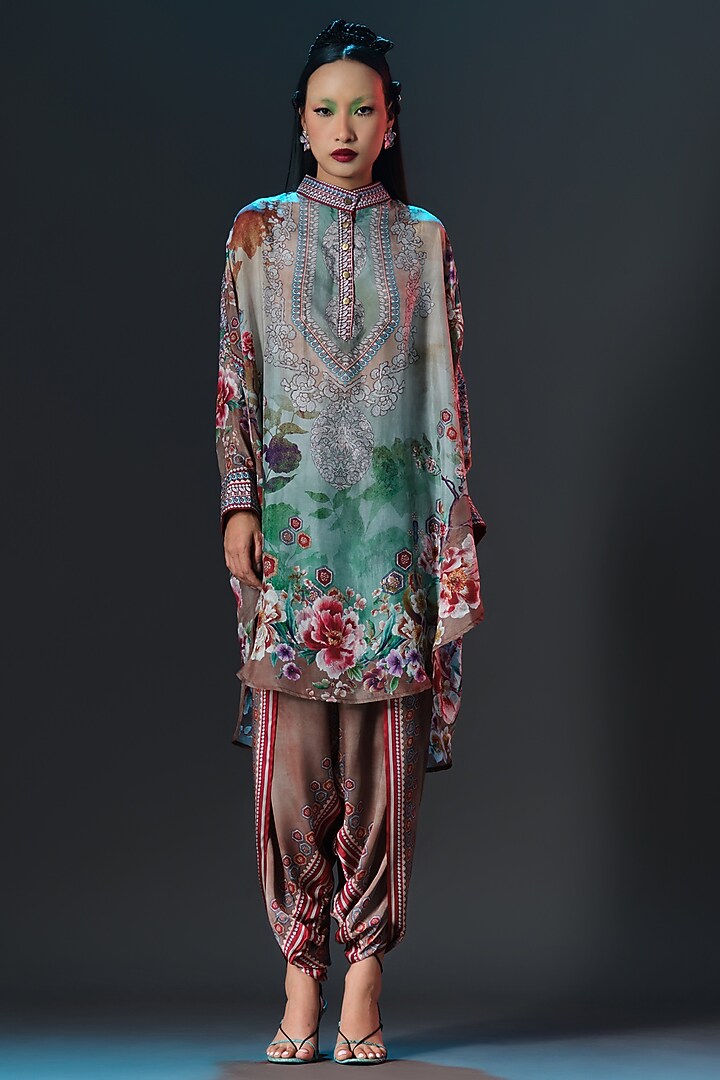 Caramel & Sage Green Modal Satin Printed Dhoti Pants by Rajdeep Ranawat at Pernia's Pop Up Shop