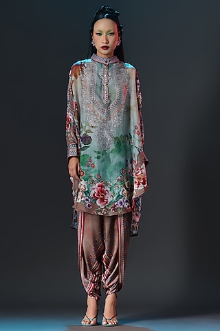 Caramel & Sage Green Modal Satin Printed Dhoti Pants by Rajdeep Ranawat