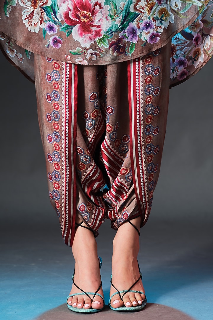 Caramel & Sage Green Modal Satin Printed Dhoti Pants by Rajdeep Ranawat at Pernia's Pop Up Shop