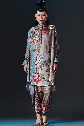 Brick & Aqua Silk Shirt Kurta by Rajdeep Ranawat