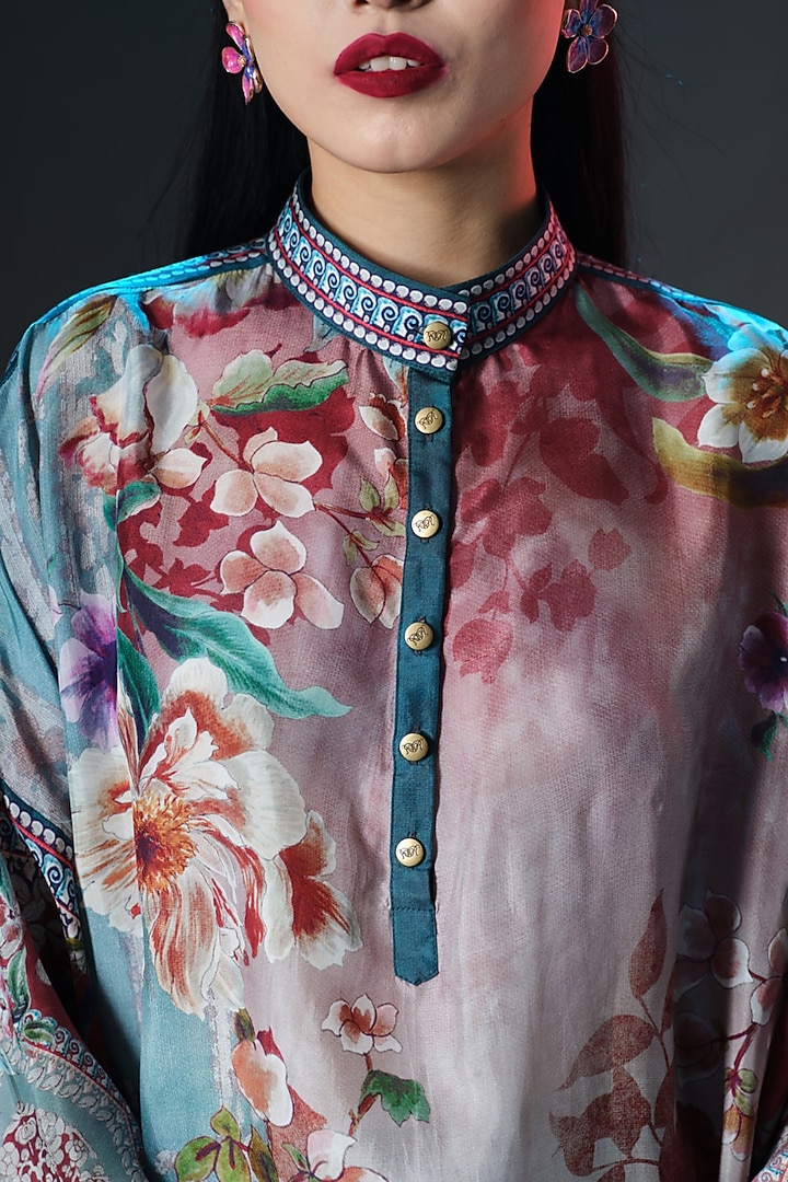 Brick & Aqua Silk Shirt Kurta by Rajdeep Ranawat at Pernia's Pop Up Shop
