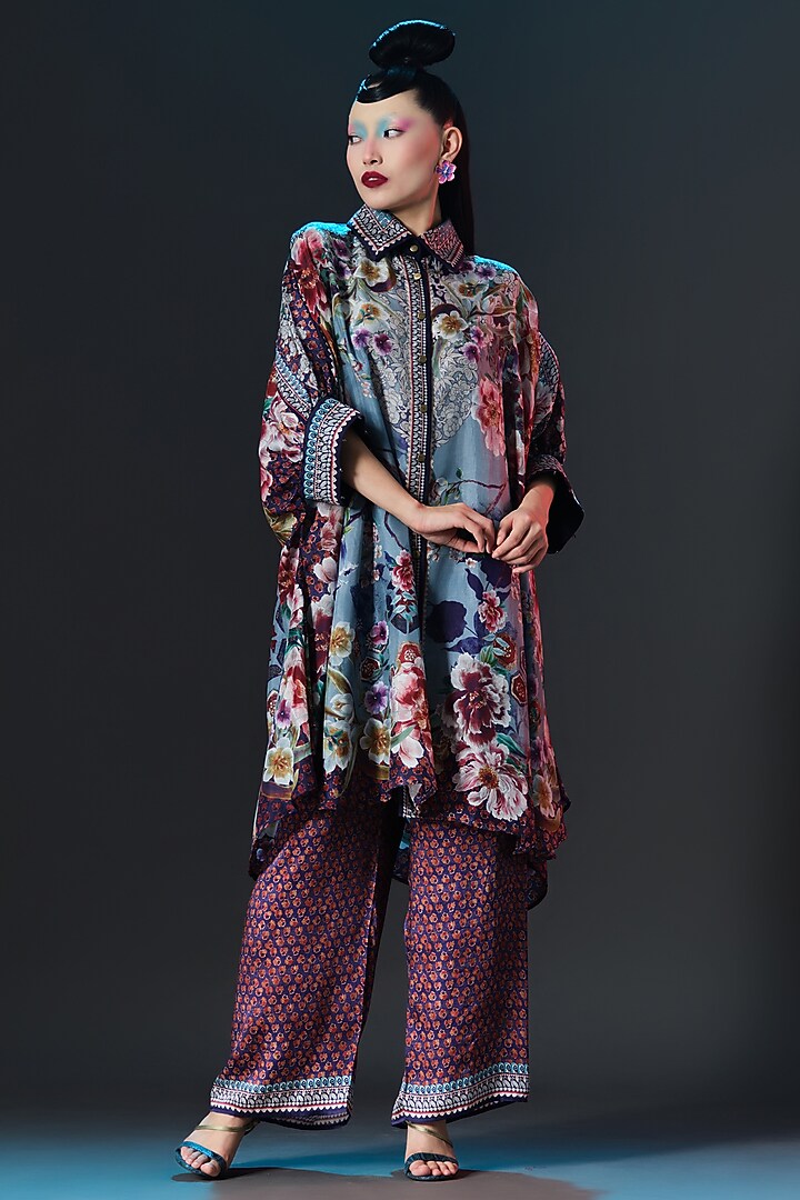 Slate Blue Silk Circular Shirt by Rajdeep Ranawat at Pernia's Pop Up Shop