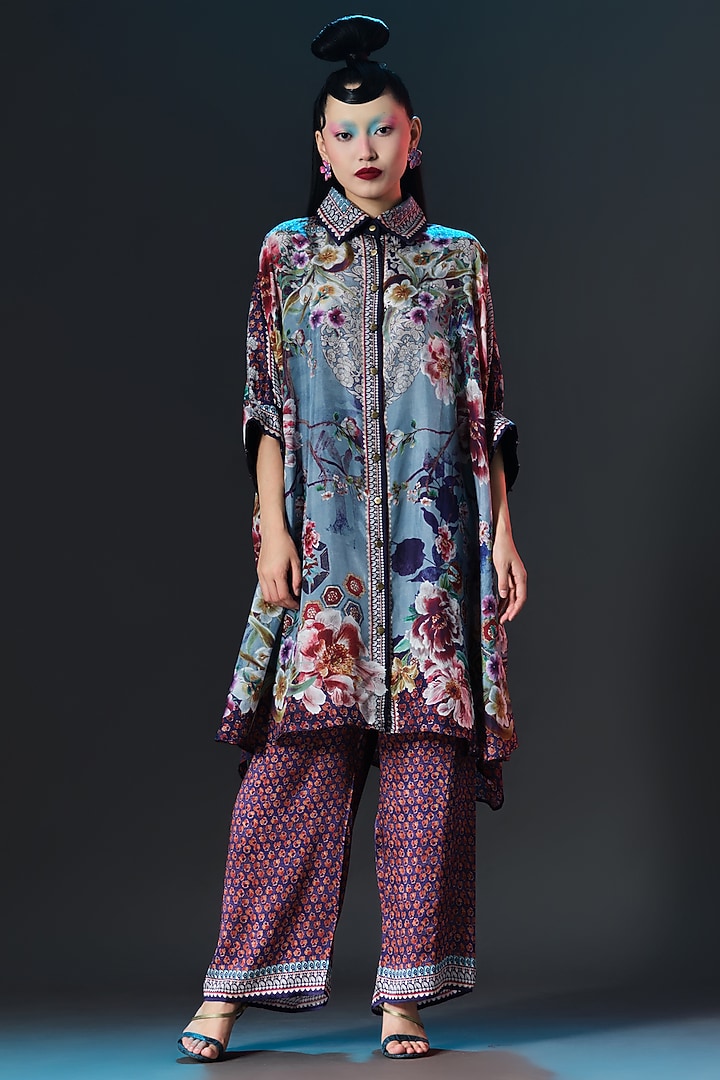 Slate Blue Modal Satin Printed Pants by Rajdeep Ranawat at Pernia's Pop Up Shop