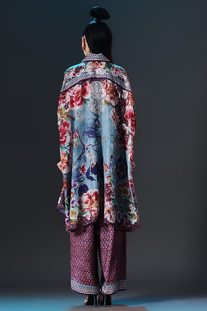 Slate Blue Modal Satin Printed Pants by Rajdeep Ranawat at Pernia's Pop Up Shop