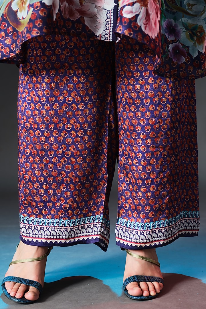 Slate Blue Modal Satin Printed Pants by Rajdeep Ranawat at Pernia's Pop Up Shop