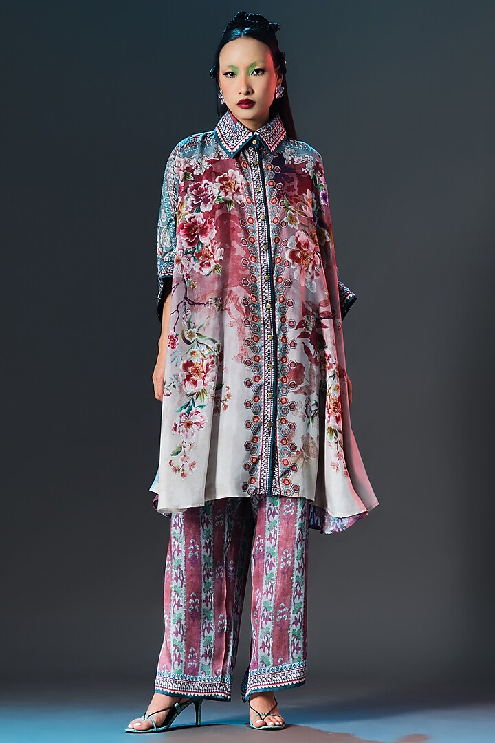 Brick & Aqua Modal Satin Circular Shirt by Rajdeep Ranawat at Pernia's Pop Up Shop