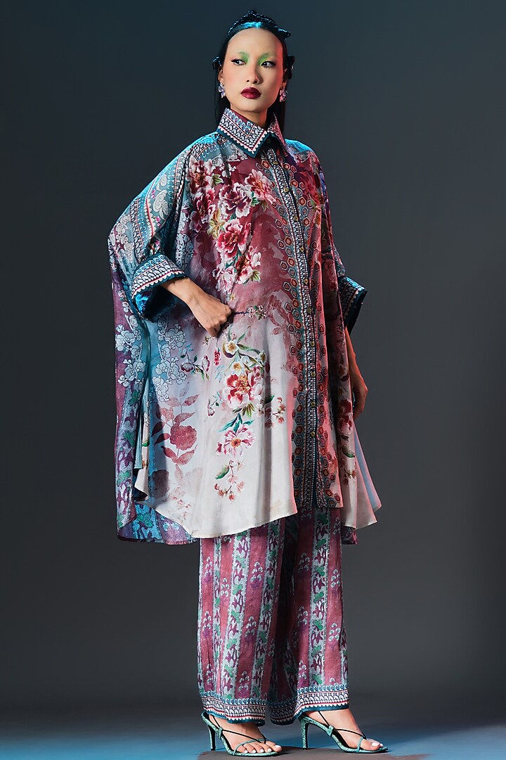 Brick & Aqua Modal Satin Circular Shirt by Rajdeep Ranawat at Pernia's Pop Up Shop