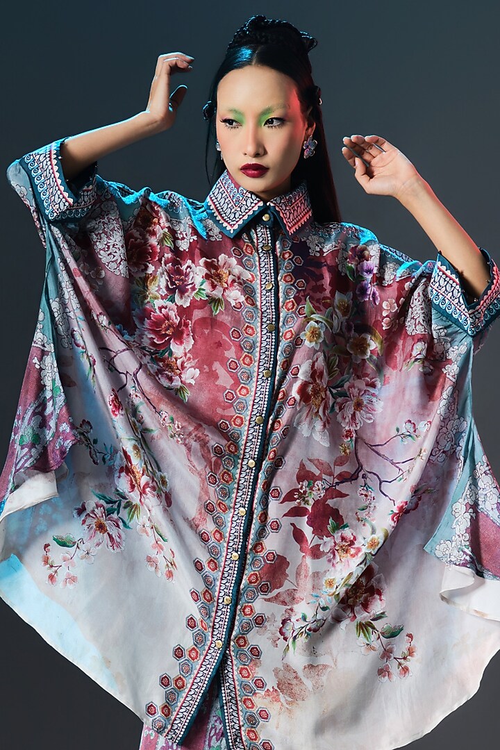Brick & Aqua Modal Satin Circular Shirt by Rajdeep Ranawat at Pernia's Pop Up Shop