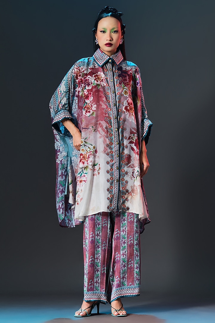 Brick & Aqua Modal Satin Printed Pants by Rajdeep Ranawat at Pernia's Pop Up Shop