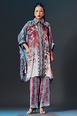 Brick & Aqua Modal Satin Printed Pants by Rajdeep Ranawat