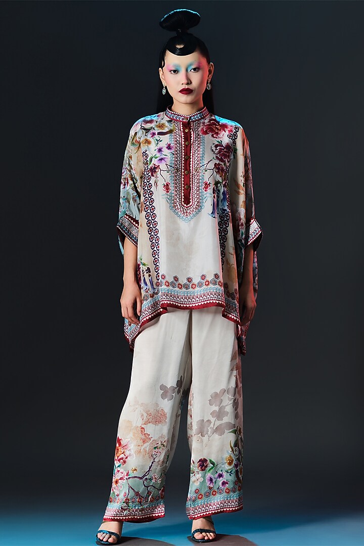 Beige & Caramel Silk Embroidered Tunic by Rajdeep Ranawat at Pernia's Pop Up Shop