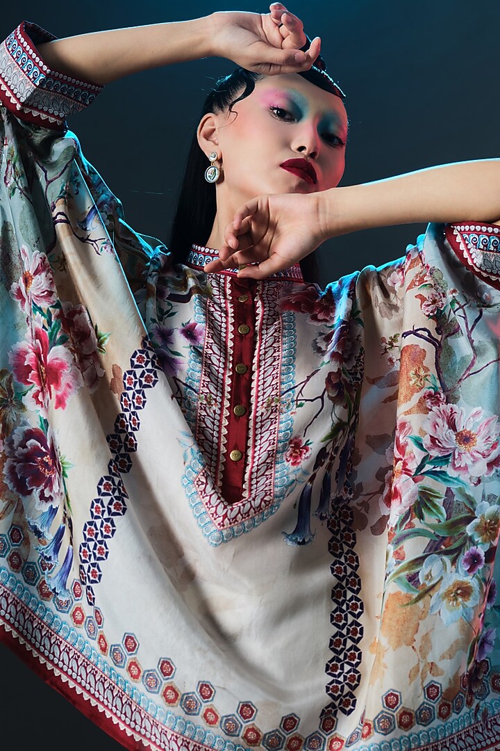 Beige & Caramel Silk Embroidered Tunic by Rajdeep Ranawat at Pernia's Pop Up Shop