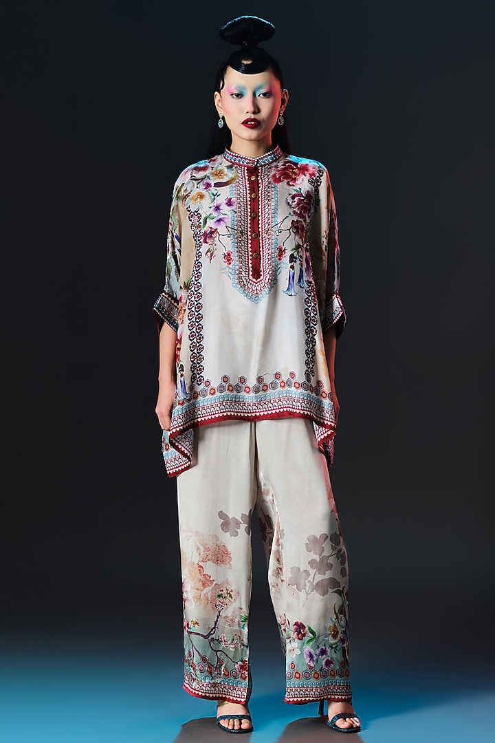 Beige & Caramel Modal Satin Printed Pants by Rajdeep Ranawat at Pernia's Pop Up Shop