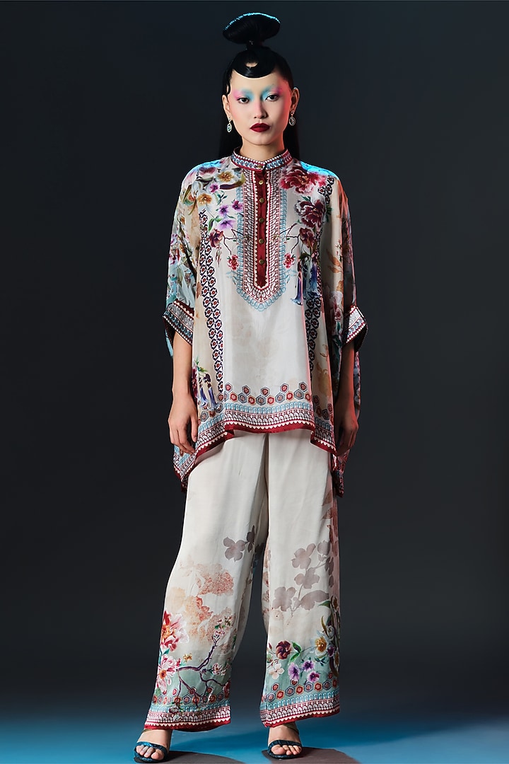 Beige & Caramel Modal Satin Printed Pants by Rajdeep Ranawat at Pernia's Pop Up Shop