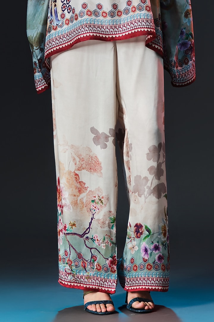 Beige & Caramel Modal Satin Printed Pants by Rajdeep Ranawat at Pernia's Pop Up Shop
