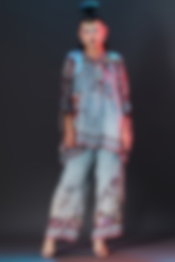 Slate Blue Silk Embroidered Tunic by Rajdeep Ranawat at Pernia's Pop Up Shop