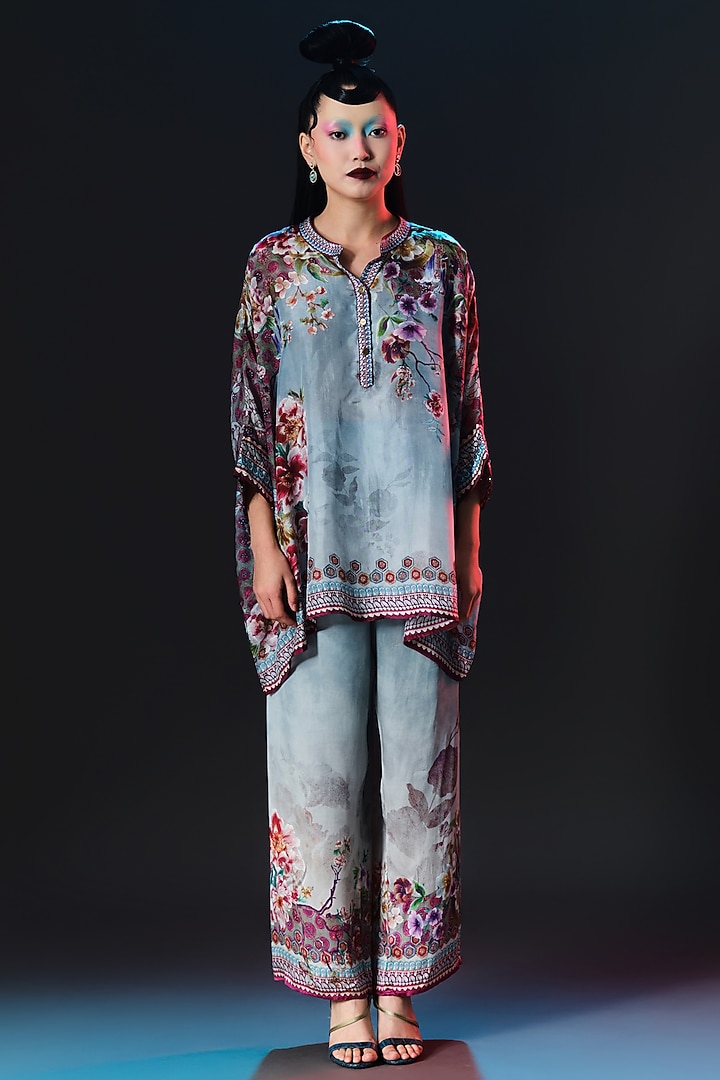 Slate Blue Silk Embroidered Tunic by Rajdeep Ranawat at Pernia's Pop Up Shop