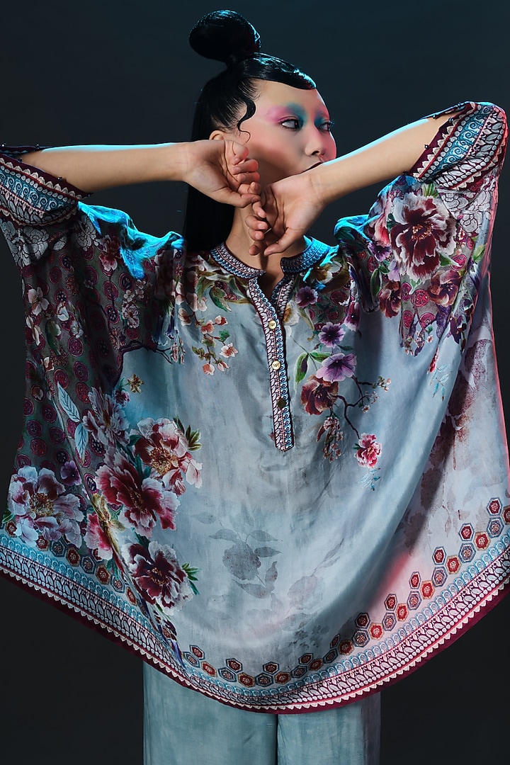 Slate Blue Silk Embroidered Tunic by Rajdeep Ranawat at Pernia's Pop Up Shop