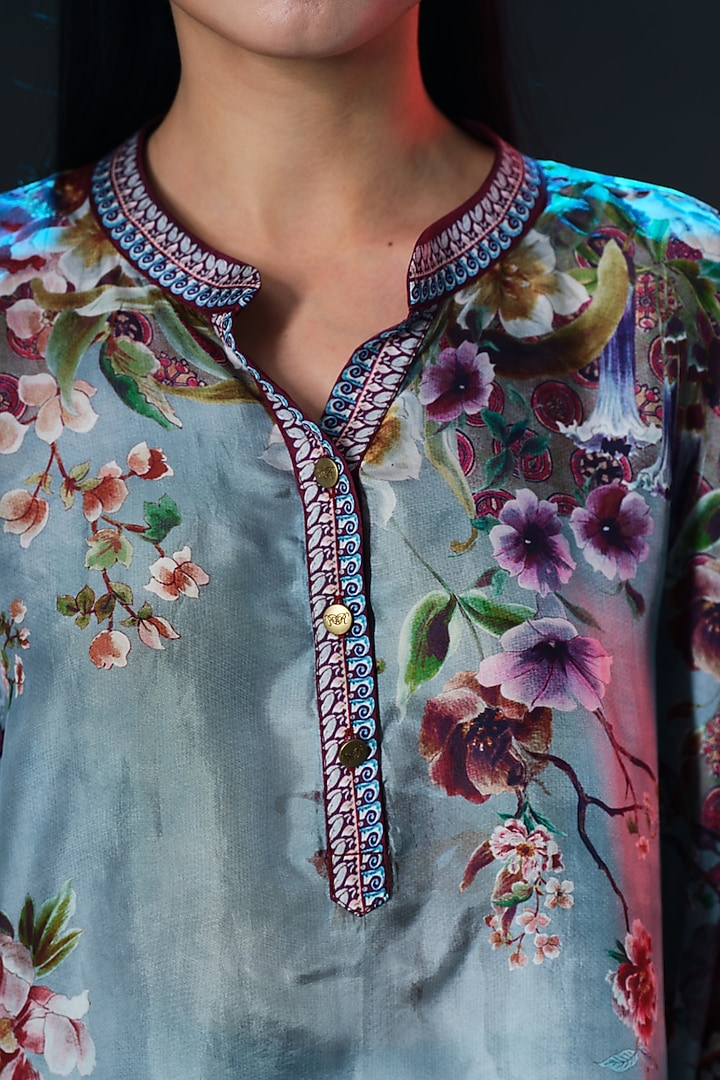 Slate Blue Silk Embroidered Tunic by Rajdeep Ranawat at Pernia's Pop Up Shop