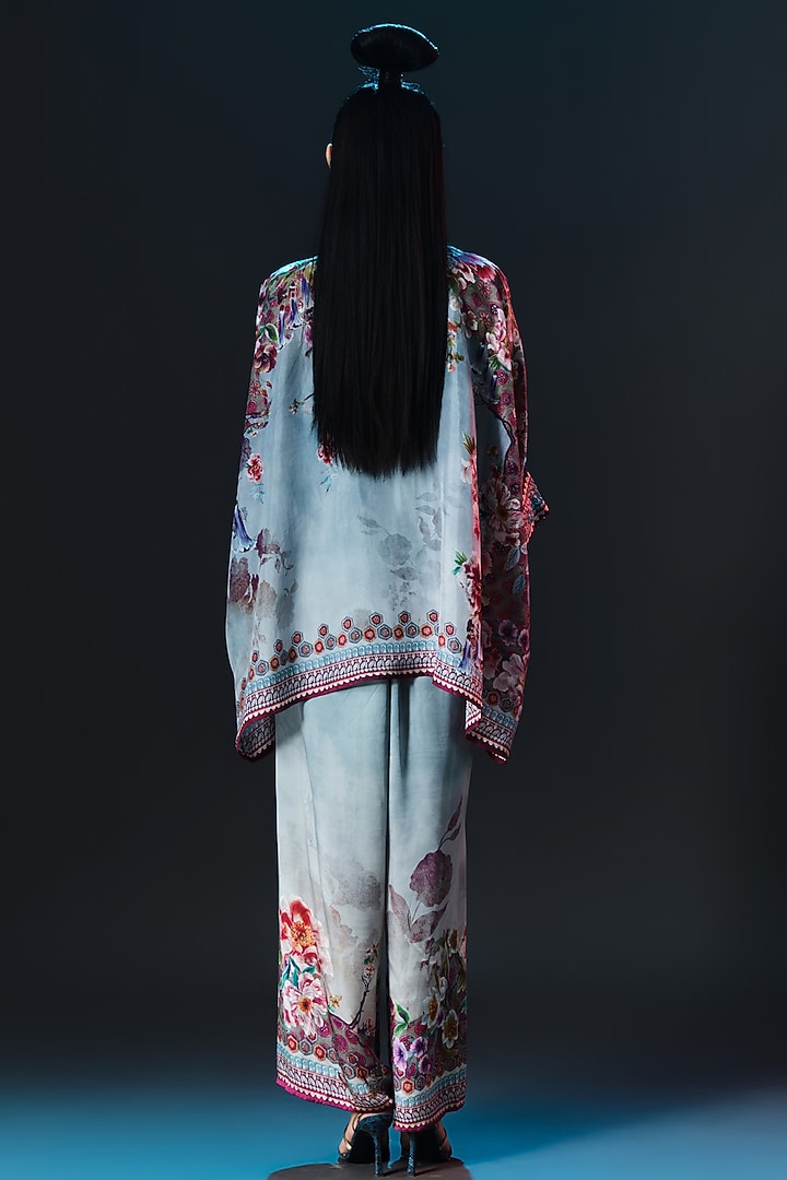 Slate Blue Modal Satin Printed Pants by Rajdeep Ranawat at Pernia's Pop Up Shop
