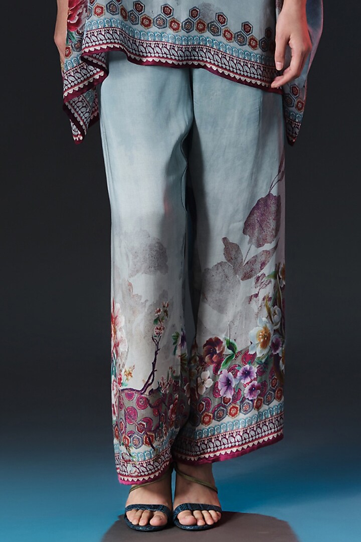 Slate Blue Modal Satin Printed Pants by Rajdeep Ranawat at Pernia's Pop Up Shop