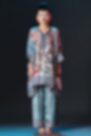 Brick & Aqua Silk Embroidered Tunic by Rajdeep Ranawat at Pernia's Pop Up Shop